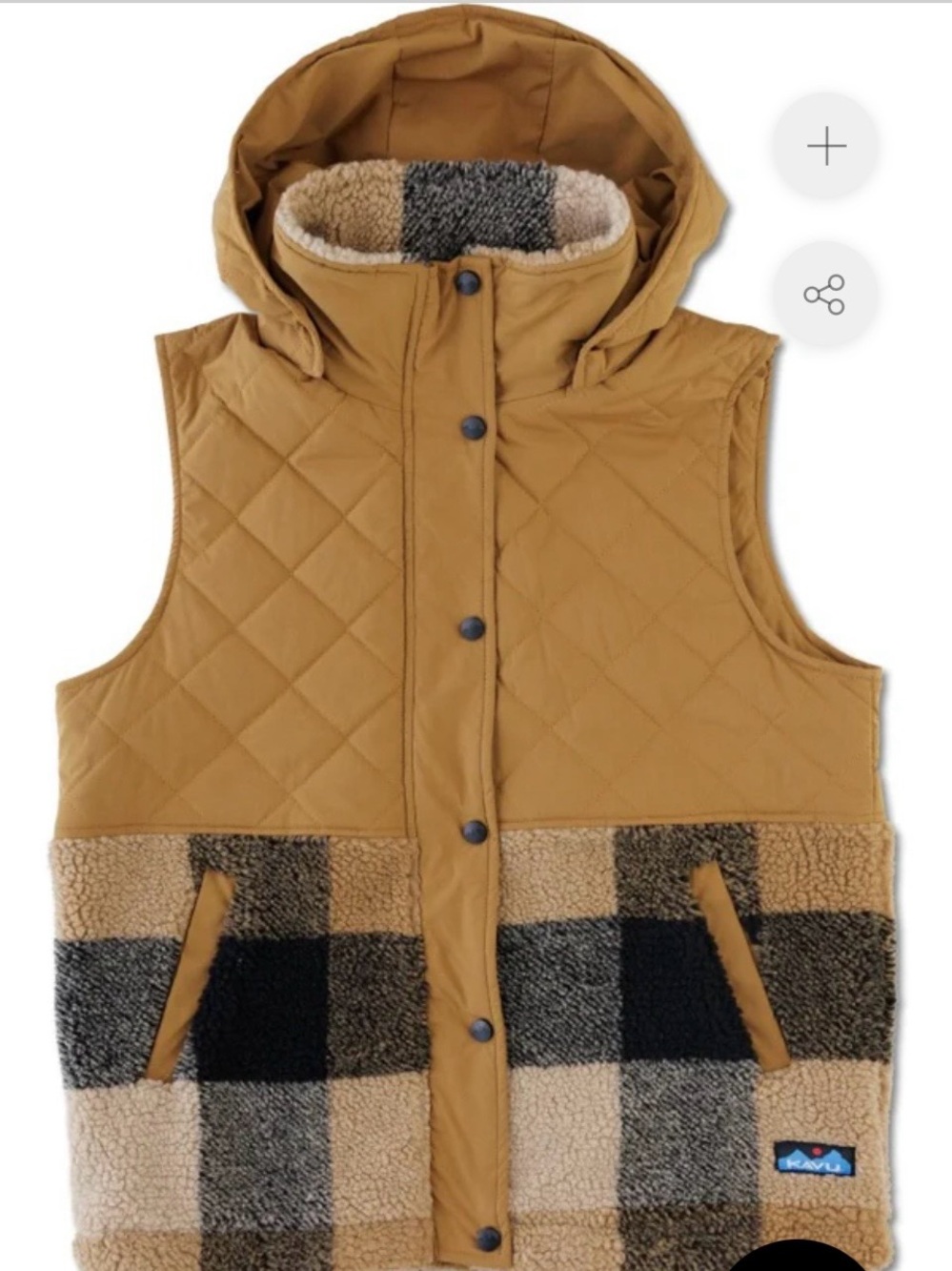 KAVU Luna Peak Hilltop Plaid Quilted Hooded Sherpa Vest in Mustard Plaid